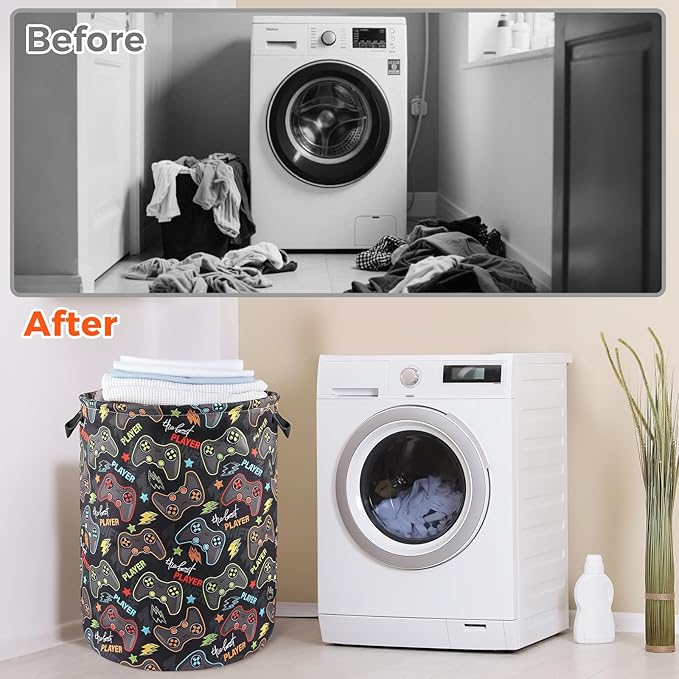 Game Laundry Basket for Boys Room Decor Folding Kids Laundry Hamper for Bedroom Gaming Toy Bin Baby Nursery Storage Bag for Playroom Bathroom Clothes Organizer for Teen, M