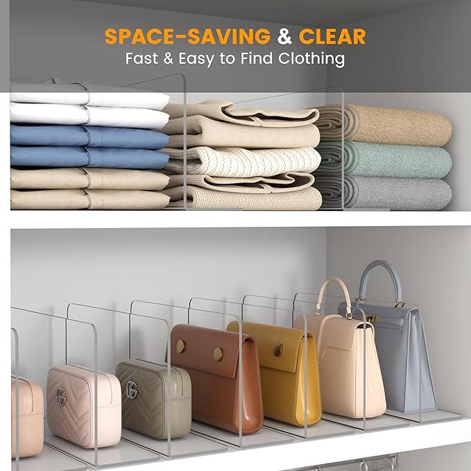 OKPOW Shelf Dividers for Closet Organization – Keep Sweaters & Purses Upright, Clear Acrylic Separators for Most Wood Shelves & Pantry, Damage-Free, Sturdy & Tall (10" x 12", 12 Pack)