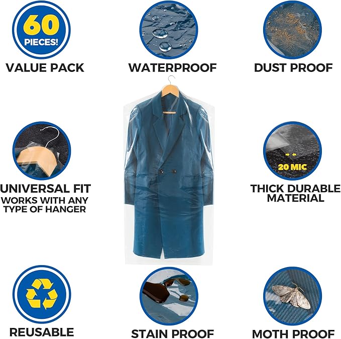 60-Pack Dry Cleaning Bags for Clothes 40-Inch Long - Clear Plastic Garment Bags for Hanging Clothes, Dry Cleaner Plastic Clothing Cover for Suits, Coat, Shirt, & Pants