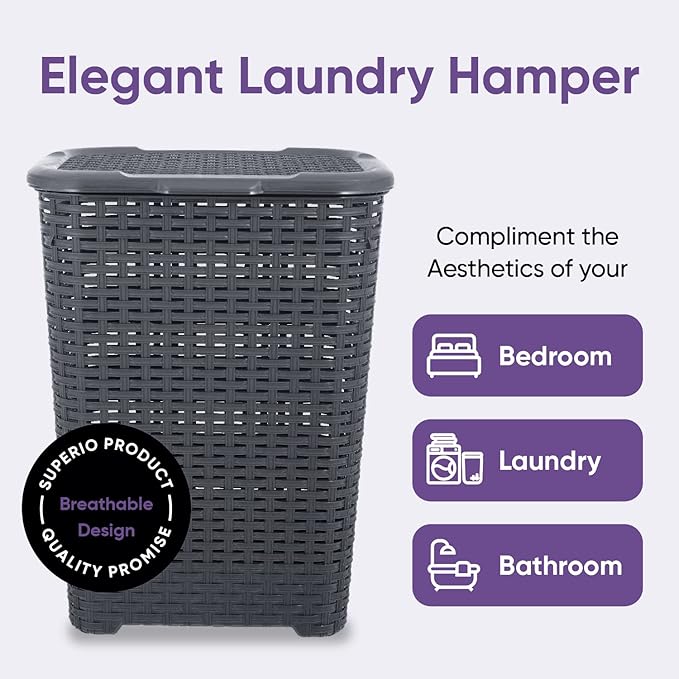 Plastic Laundry Hamper with Lid 3 Pack Laundry Hamper Basket, Grey Tall Cloths Hamper Organizer with Cut-out Handles. Space Saving for Laundry Room Bedroom Bathroom, Wicker Design 60 Liter
