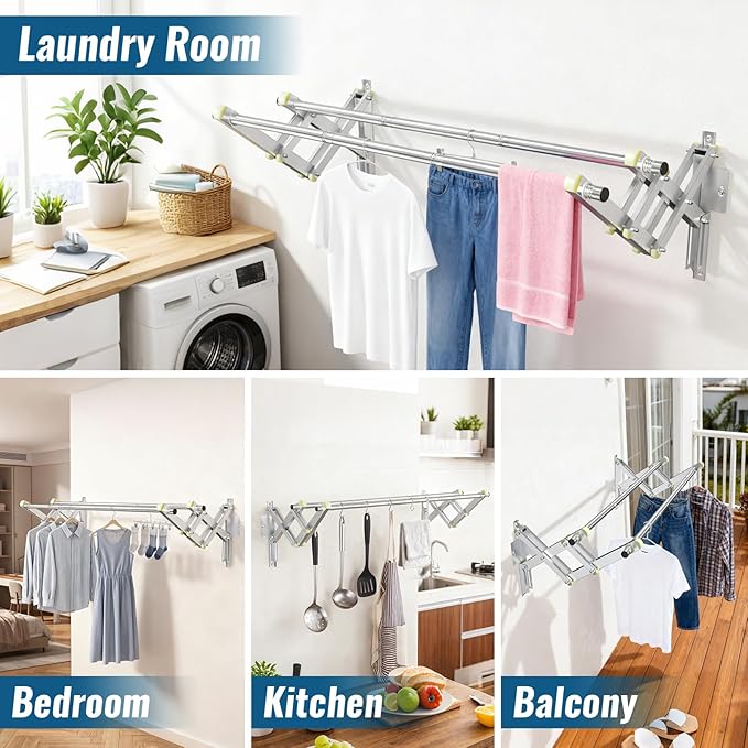 Foldable Wall Mounted Clothes Rack-Double 44'' Long Rod&2 Bases,Stainless Steel, Heavy Duty,Multi-Purpose for Space-Saving Garment Rack/Clothes Drying Rack/Plant Hanger (44 inches length X 2 rows)