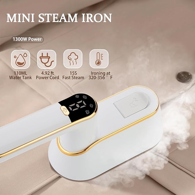 Steamer for Clothes，Portable Rotating Handheld Design, 1300W, 15S Quick Release of Strong Penetrating Steam to Remove Wrinkles, LCD Display, Suitable for Home, Office & Travel (White)
