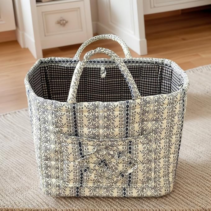 Floral Fabric Storage Basket Car Interior Storage Basket Underwear Sundries Laundry Baskets Supplies Home Organizer Bag (Lace Blue)