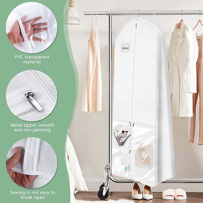 WSSROGY 72" Long Wedding Dress Garment Bag Cover for Gowns Women with 10'' Gusseted Dress Bags 4 Pocket (White 1 Pack)