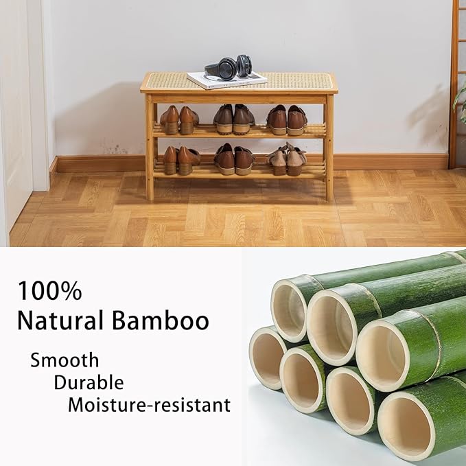 latifolia Shoe Rack Bench, 3-Tier Bamboo Shoe Bench with Breathable Rattan Seat Cushion, Shoe Storage Rack for Entryway(Nautre,31.50''L)