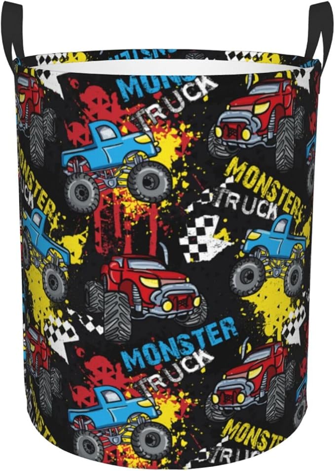 Laundry Basket Monster Truck Room Decor,Round Laundry Hamper Waterproof Dirty Clothes Hamper Collapsible Laundry Baskets With Handles,Toy/Clothes Storage Basket For Home Dorm Bathroom Decor