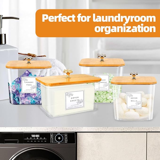 4 Pack Laundry Room Organization Storage Containers Acrylic Jars and Dryer Sheet Container with Lids and Labels for Laundry Detergent Laundry Pods Containers Dry Sheet Organizing