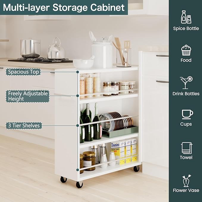 ALBAD Slim Rolling Cart,4-Tier Storage Cart with Wheels,7.9”W Slim Storage Cart with Handle for Kitchen Laundry Narrow Places Bathroom Dining Room Small Spaces