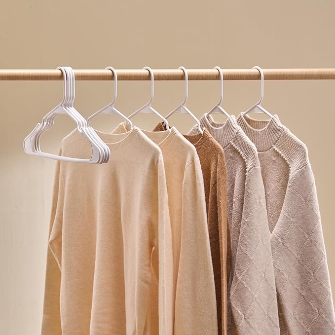 VEVOR Hangers, 0.2 in Ultra-Thin, 50 Pack White Plastic Hangers with Stable Triangular Top Structure & Wider Notch Design, Non-Slip Space Saving Hanger, Fit for T-Shirt, Shirt, Sling & Pant