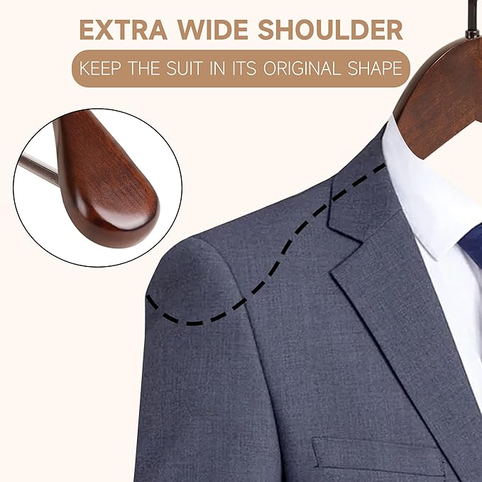 16-Inch Wooden Suit Hangers with Non Slip Pants Bar, 6-Pack Wood Extra-Wide Shoulder Hangers, Flat-Head Hook Hangers for Suits, Coats, Jackets, Shirts, Pants, and Heavy Clothes (Walnut)