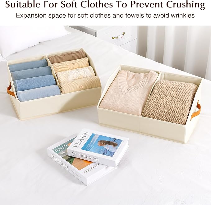 Closet Organizers and Storage Bins - 4 Pack Collapsible Divided Trapezoidal Cube Storage Bins Baskets with Orange Handle for Organizing Clothes Blankets, Toys, Books, Towels(Beige)