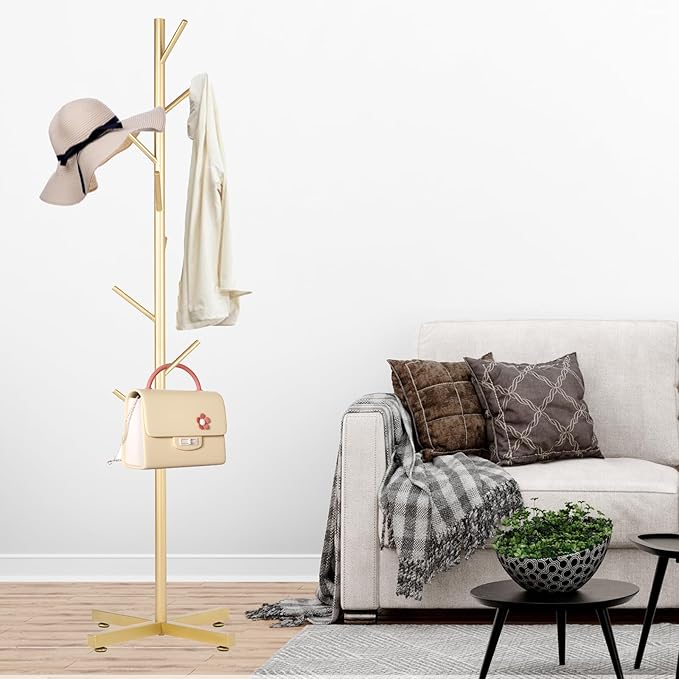 Metal Coat Rack, Modern Coat Rack Freestanding, Sturdy Coat Tree Stand with Cross Base, Golden Coat Racks Hall Tree for Clothes Jacket Hat Bag Entryway