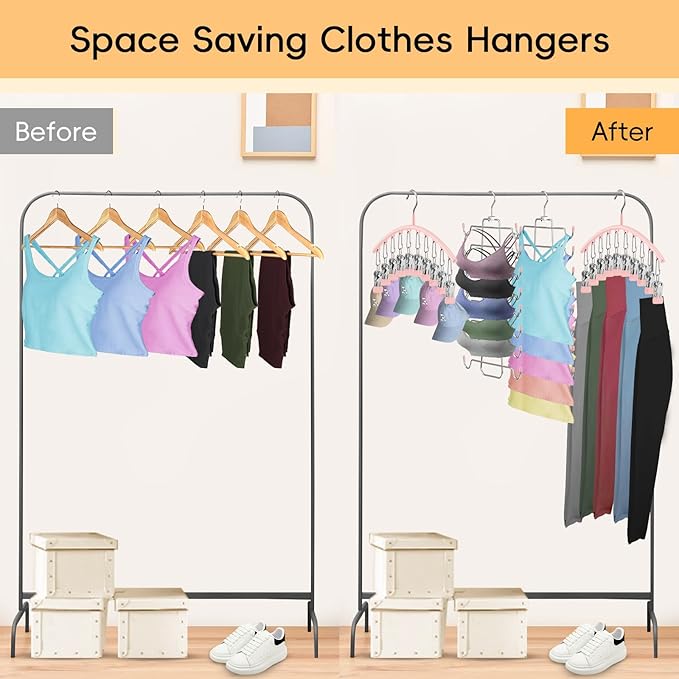 TomCare 360° Swivel 2 Pack Tank Top Hanger and 2 Pack Leggings Organizers Space Saving Sport Bras Organizer Metal Yoga Pants Hangers with 20 Clips Hanging Closet Organizers and Storage, Pink