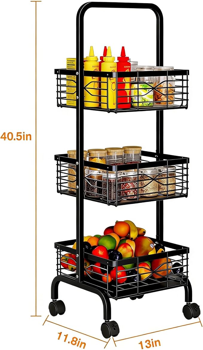 3 Tier Rolling Cart, Heavy Duty Metal Utility Cart with 4 Lockable Wheels & Handle, Multi-Purpose Storage Organizer for Kitchen, Bathroom, Laundry Room, Pantry, Office, Craft, Makeup (Black)
