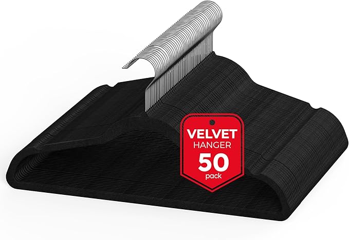 HealSmart Velvet Hangers 50 Pack, 360° Swivel Hooks, Non-Slip Clothes Hangers with Shoulder Notches, for Closet Space Saving, Black