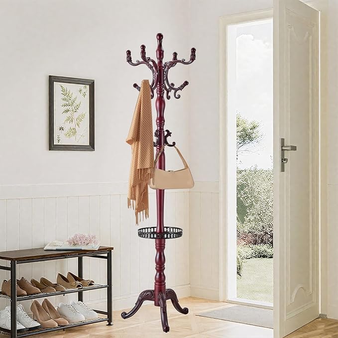 Wooden coat rack stand, Heavy duty coat racks tree freestanding with storage basket, Coat tree for jacket,Hats, Bags, Purses, clothes (Triangular base-Redwood 1)