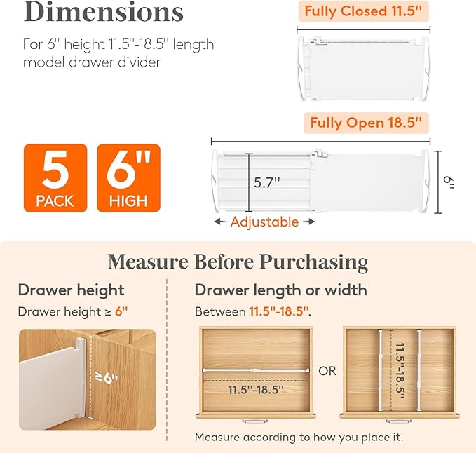 Lifewit 6" High 5 Pack Deep Drawer Dividers, 11.5-18.5" Expandable Clothes Divider for Drawers, Adjustable Dresser Drawer Organizers, White Drawer Separators for Dresser, Kitchen, Clothing