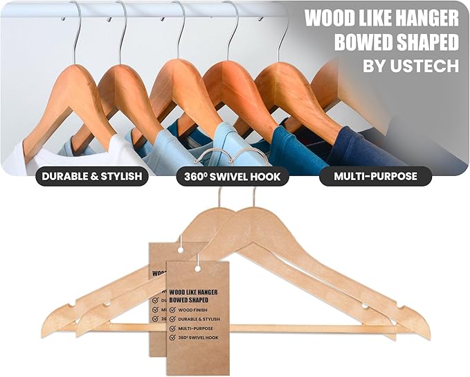Premium Wood Like Hangers 10 Pack - Durable & Slim Coat Hanger - Suit Hangers with 360-Degree Rotatable Hook Hangers with Shoulder Grooves, Trouser Bar for Suit & Coat