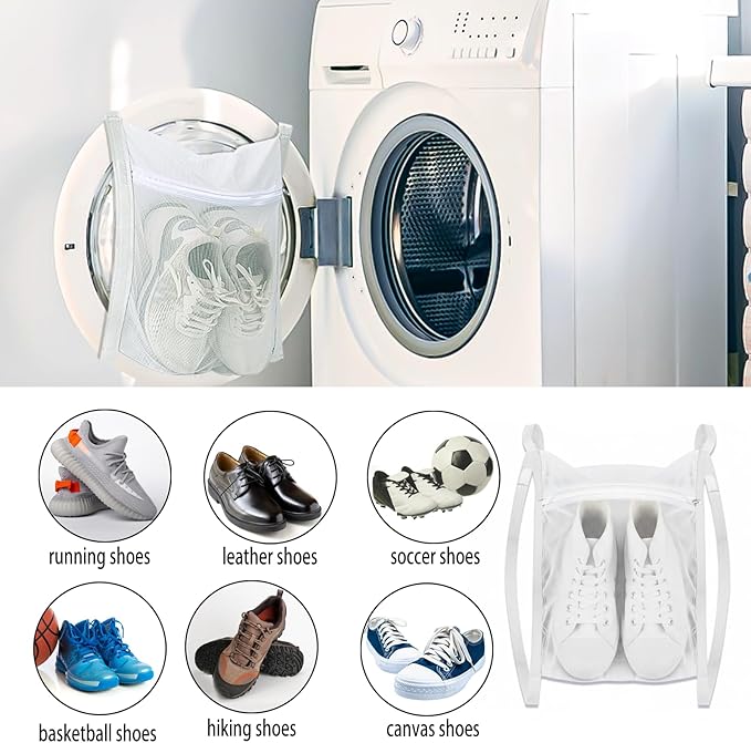 Sneaker Laundry Bags, Large Honeycomb Mesh Wash & Dry Net Bag with Zipper and Strap for Shoes, Universal Size for Most Dryers, 15.7" White Mesh Bag