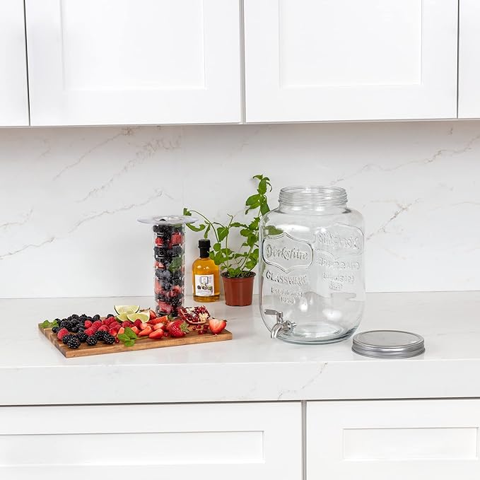 2-Gallon Glass Liquor Decanter Drink Dispenser for Parties - 100% Leakproof Stainless Steel Spigot + Marker & Label and Fruit Infuser, Water Beverage Dispenser Liquid Laundry Detergent Dispenser