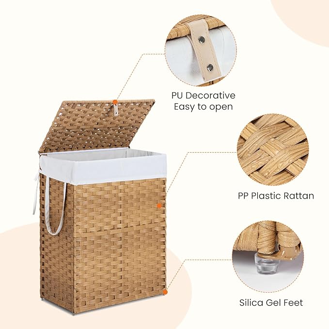 90L Laundry Hamper with Lid, Hand-Woven Pp Rattan Laundry Basket with Compartments & Handles, Removable Liner Bags,Foldable, Narrow Dirty Clothes Basket, Yellow