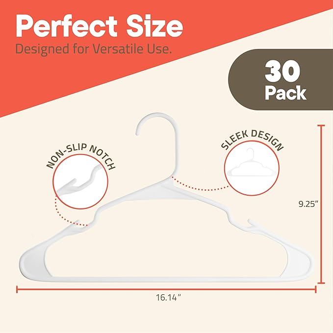 White Plastic Hangers 30 Pack– Heavy-Duty Plastic Hangers Slim and Space-Saving, Durable and Lightweight PP with Non-Slip Shoulder Notches for Slip Dresses, Suits, Jackets & Camisoles