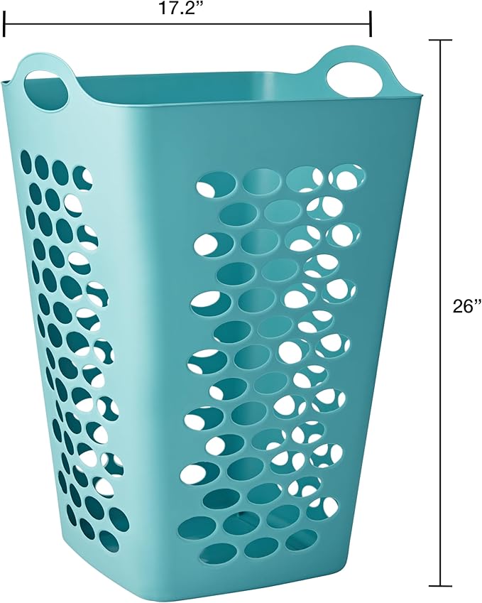 (2 Pack) 2 Bushel Square Laundry Hamper, Teal Lightweight Plastic Tall Laundry Basket with Handles, Ventilation Design for Bedroom, Bathroom, Laundry Room, College Dorm.