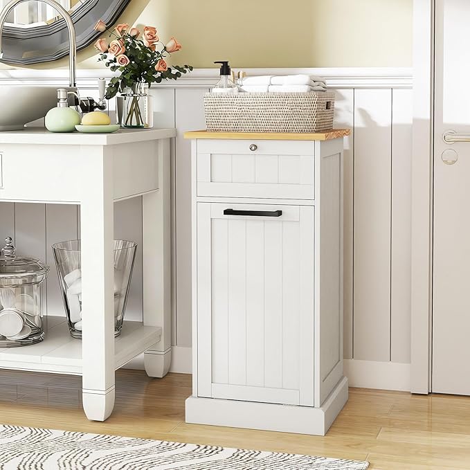 Giantex Tilt Out Laundry Hamper Cabinet, 10 Gallon Bathroom Storage Cabinet with Drawers & Removable Basket, Modern Wood Hidden Laundry Hamper for Laundry Room, Bedroom, Kitchen, Corner, White