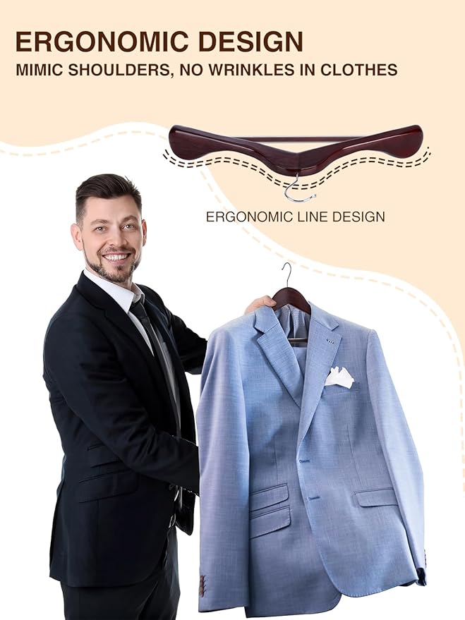 SMARTOR Suit Hangers for Men 8 Pack, Wide Shoulder Wooden Suit Hangers with Non Slip Pant Holder, Wide Hanger for Suit, Coat, Jacket, Gown, Heavy Duty Wood Suit Hanger, Cherry