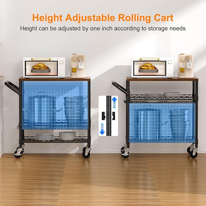 NTE Rolling Kitchen Carts on Wheels, 650Lbs Capacity 3 Tier Utility Cart with Wood Tabletop, Kitchen Storage Cart with 8 Hooks, Metal Serving Cart with Handle and Shelf Liners for Kitchen, Black