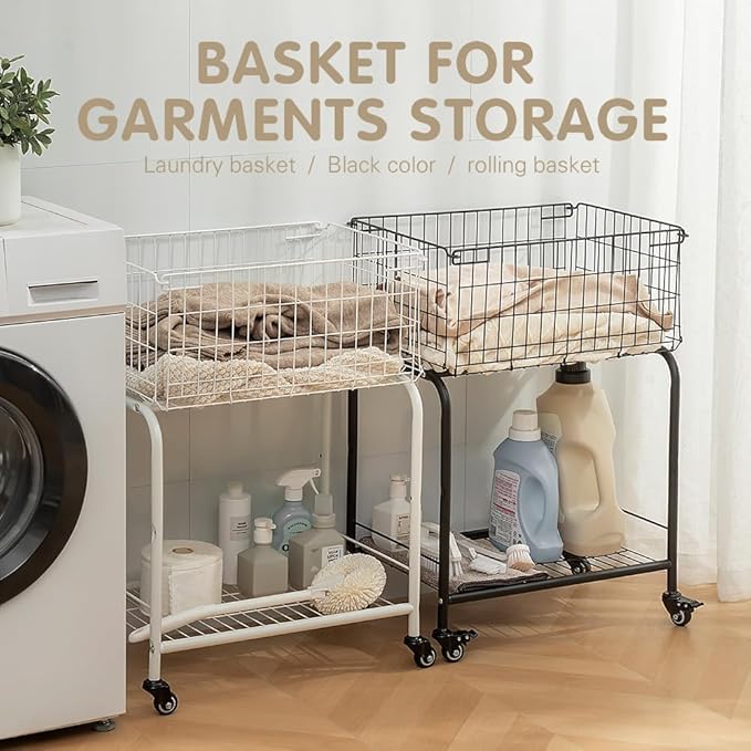 31" height Rolling Laundry Basket with Wheels, Heavy Duty 2-Tier Metal Wire Laundry Cart, Foldable Hamper with Industrial Wheels & Brakes for Clothes, Bedroom, Dorm, Apartment (Black)