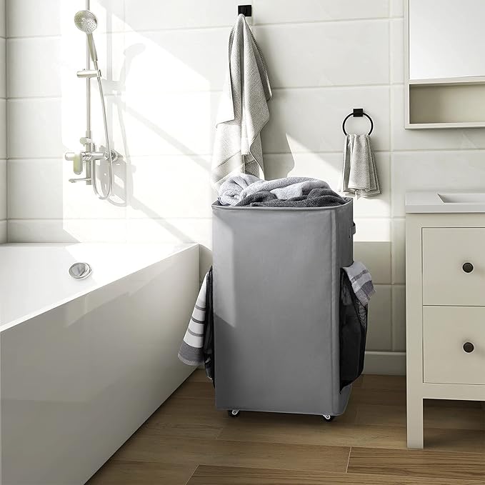 Chrislley 90L Rolling Laundry Basket Large Laundry Hamper with Wheels Collapsible Hamper Tall Storage Cart Foldable Clothes Organizer (Grey)