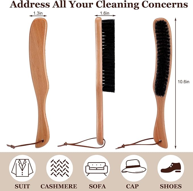 Bokon 2 Pcs Lint Brushes for Clothes with Boar Bristle Beech Wood Handle Natural Reusable Garment Brush Lint Remover for Hat Wool Coats Suits Cashmere Suede Pet Hair Denim Corduroy Heavy Fabrics