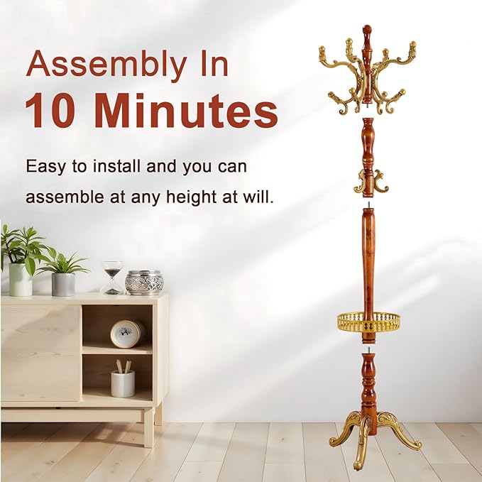 Coat Racks Freestanding, Natural Wood Coat Stands with 14 Hooks, 73" Heavy Duty Adjustable Height Vintage Hall Tree for Entryway, Bedroom, Office, Easy Assembly (Begonia Tray)