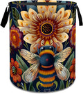 Cute Bee Floral Laundry Basket,Dirty Clothes Hamper,Insect and Colorful Flower Storage Bin,Nature Lovers Gifts,Waterproof Oxford Cloth Baskets for Bathroom,Bedroom Decoration(19.7" x 15.8")