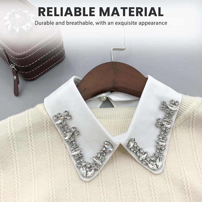 erioctry Rhinestones Fake Collar White Detachable Faux Blouse Lapel Choker for Women Girls Party Wear
