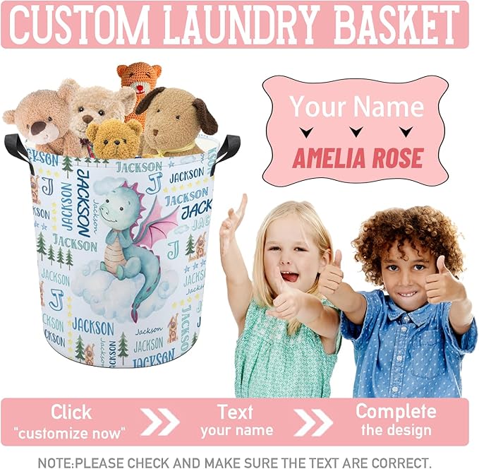 Dragon Laundry Basket,Custom Laundry Hamper with Name,Personalized Dragon Gifts for Boys Girls,Customize Collapsible Laundry Basket for Bedroom Bathroom,S-16.5"x 13.8"