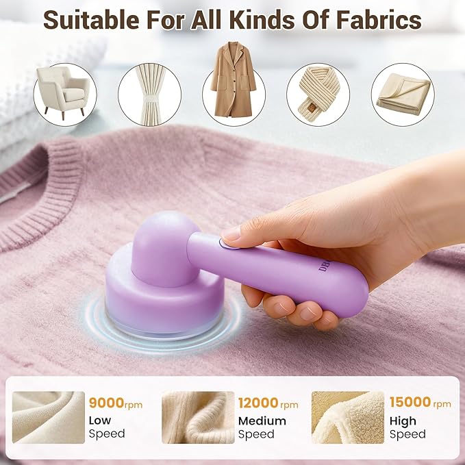 DBC Rechargeable Fabric Shaver and Lint Remover,2.7" Sweater Shaver with 3-Speeds and 6-Leaf Blades, 2hours runtime, 2 Replaceable Blades, Battery Operated,Remove Pilling, Furniture,Fuzz,Lint Ball