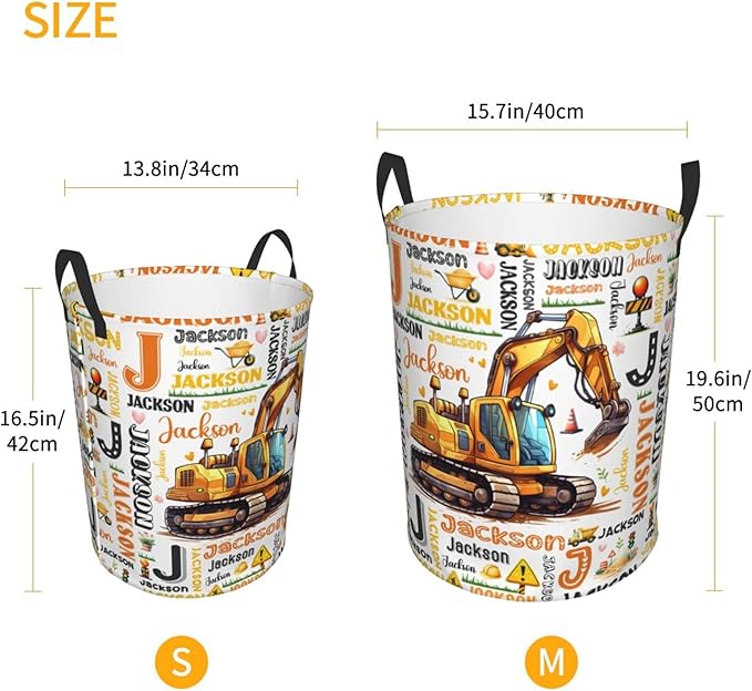 Personalized Excavator Laundry Basket For Baby Kids Boys Girls Adult Custom Hamper Basket With Name For Bathroom Bedrooms Collapsible Baby Laundry Basket, Dirty Clothes Hamper With Handles