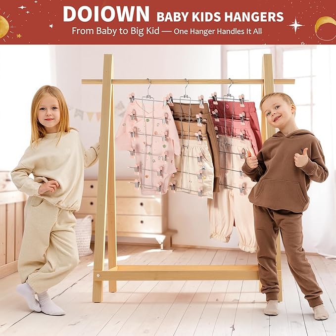 DOIOWN 6-Tier Baby Hangers with Clips - Space Saving Kids Pants Hangers for Babies & Kids Pant,Clothe,Adjustable Toddler Clothes Hanger for Newborn Children Closet Organization Pink 4Pack