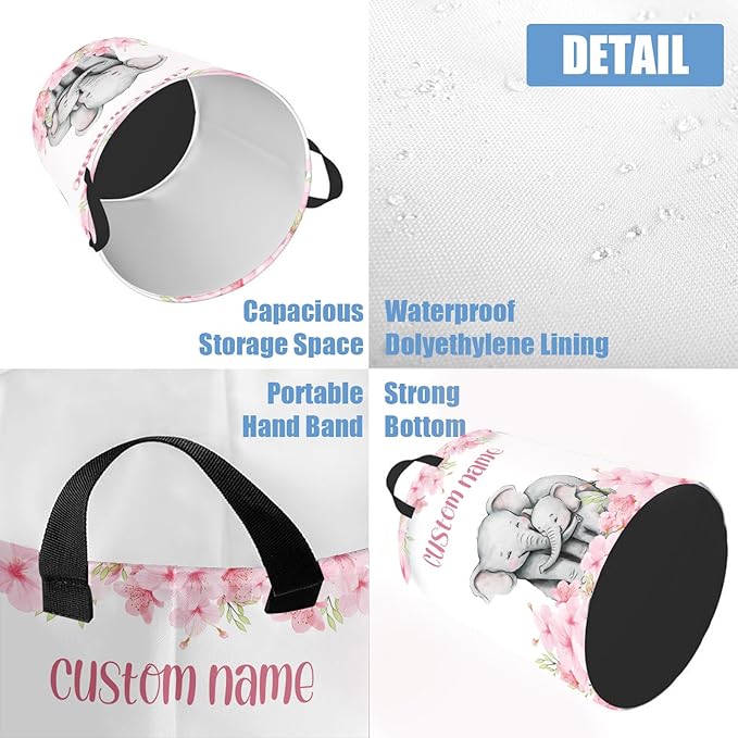 Custom Name Elephant Laundry Baskets for Baby Girls Boys, Personalized Name Laundry Basket for Kids Adults, Personalized Gift Pink Laundry Hamper with Handles, Customize Storage Basket