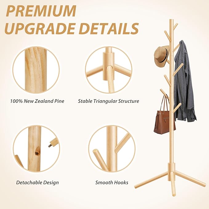 Durable Wooden Coat Rack, Freestanding Coat Rack with Stable Triangular Base, 8 Hooks & 3 Adjustable Heights, Simple Assembly for Bedroom, Hallway, Office(New Nature)