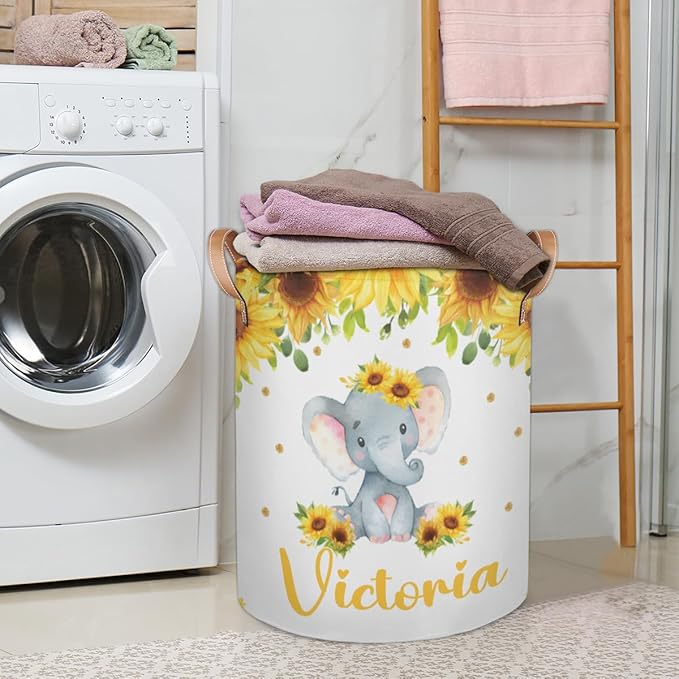 Personalized Laundry Basket, Custom Gift Laundry Hamper, Collapsible Nursery Waterproof Laundry Baskets, Dirty Clothes Toy Hamper with Handles Elephant Sunflower Floral
