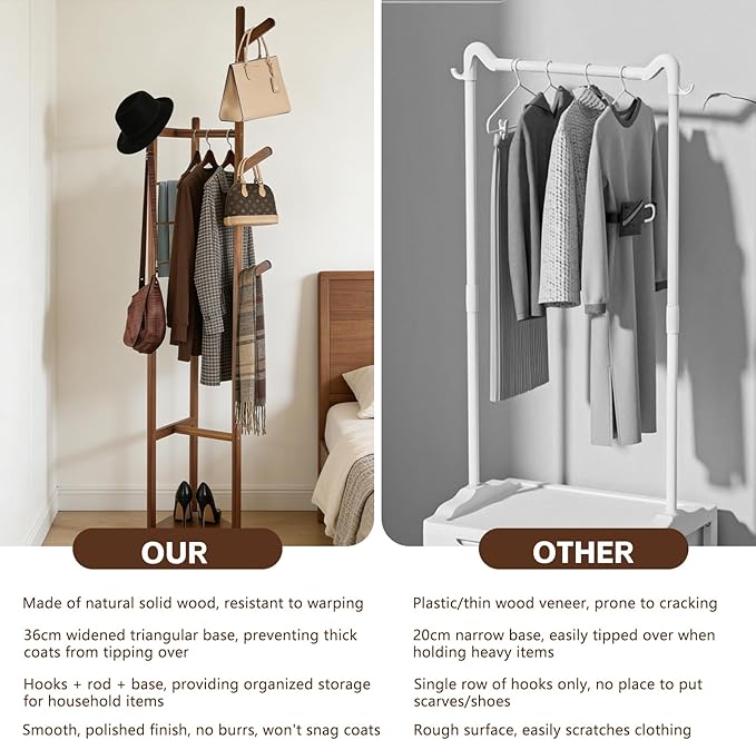 Multifunctional Coat Rack with Three Main Rods, Solid Bamboo Coat Tree with Top Hanging Bar & Shoe Base, Heavy Duty Clothes Rack for Coats Jackets Suits, Easy Assembly, Natural Wood