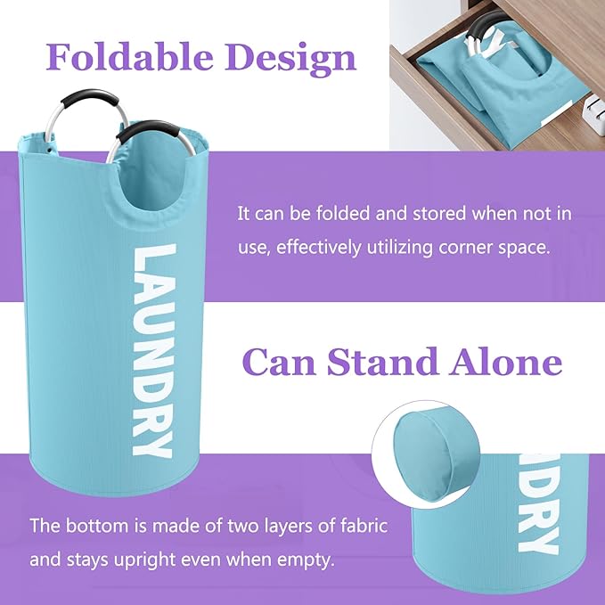 95L Foldable Blue Laundry Basket with Handles, Big Clothes Hamper for Bedroom, Dirty Clothes Basket Stand Upright, Portable Laundry Bag for Dorm, Nursery, Family, Blue