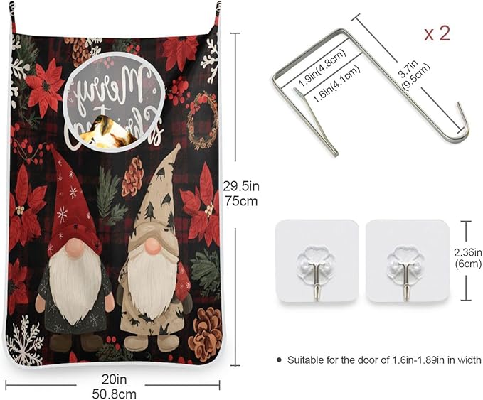 Checkered Christmas Floral Gnomes Hanging Laundry Hamper Door Hampers Bag Basket with Stainless Steel Hooks Oxford Fabric Printing Decorative Clothes Bags 29.5X20inch 2Pack
