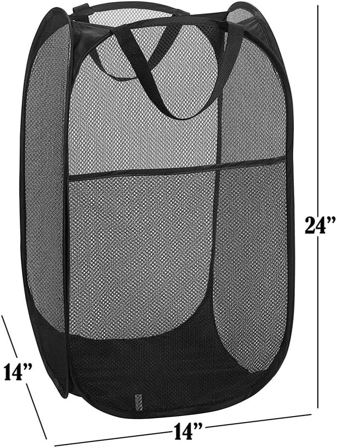 BATTOO Deluxe Strong Mesh Pop up Laundry Hamper Basket with Side Pocket Foldable Hamper for Laundry Room, Bathroom, Kids Room, College Dorm or Travel Black + Grey