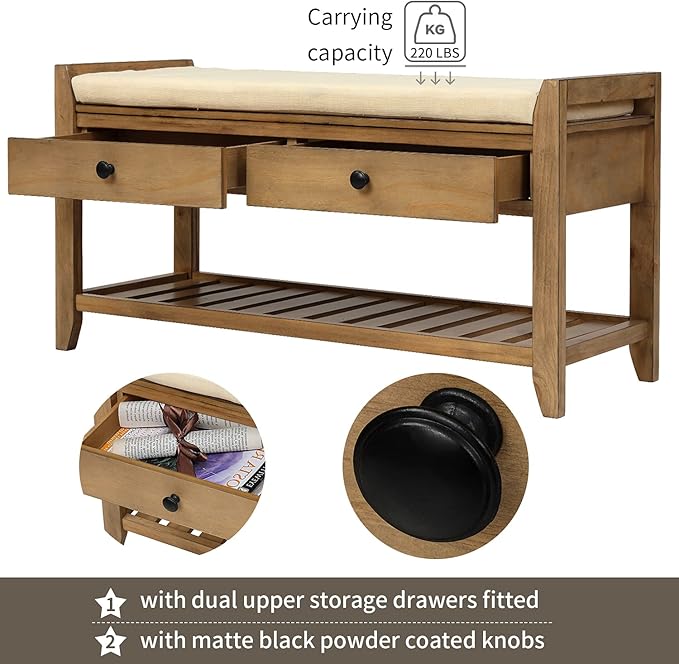 Harper & Bright Designs TREXM Shoe Rack with Cushioned Seat and Drawers, Multipurpose Entryway Storage Bench (Old Pine)