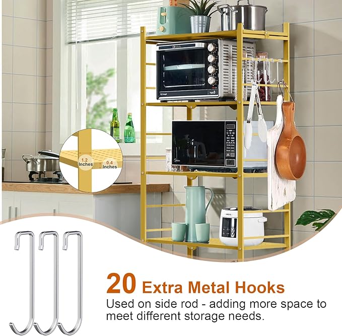 Himix Storage Shelves with 20 Hooks, 5-Tier Foldable Shelves for Storage, Folding Shelf Unit Pantry Shelves with Wheels, Standing Shelving Unit for Kitchen Garage Home Office Room Greenhouse, Gold
