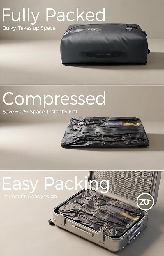 Vacuum Seal Bags for Travel w/Rechargeable Pump, 18L Compression Packing Cubes for Carry-On Suitcase & Travel Backpack, Reusable IP67 Waterproof Vacuum Storage Kit, Gift Set (3-Pack)
